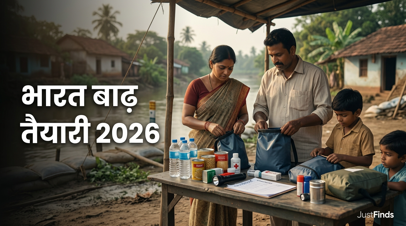 भारत बाढ़ तैयारी 2026: राज्य-वार अलर्ट, हेल्पलाइन नंबर और फैमिली सेफ्टी चेकलिस्ट — JustFinds News cover