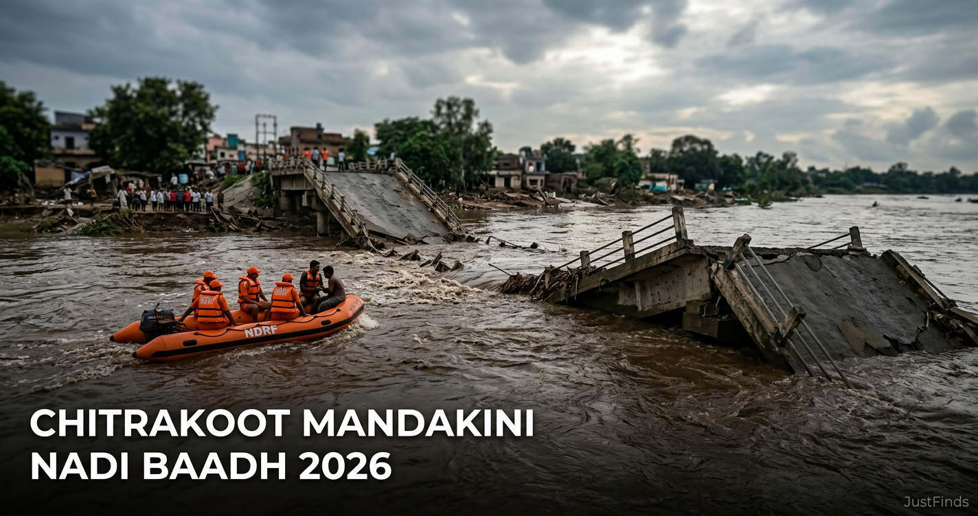 Chitrakoot Mandakini nadi baadh 2026: pul bahne ke baad rescue aur taaza halaat — JustFinds News cover
