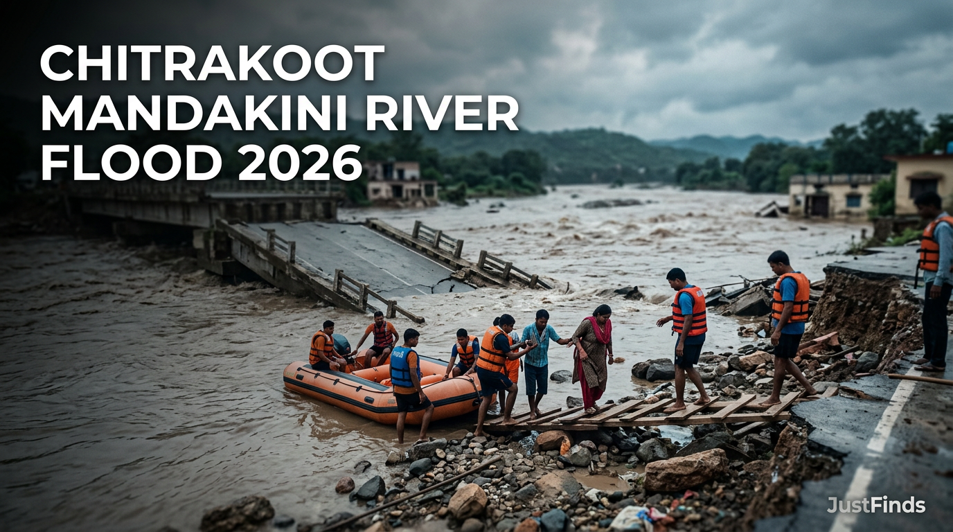 Chitrakoot Mandakini River Flood 2026: Bridge Washed Away and Rescue Updates — JustFinds News cover