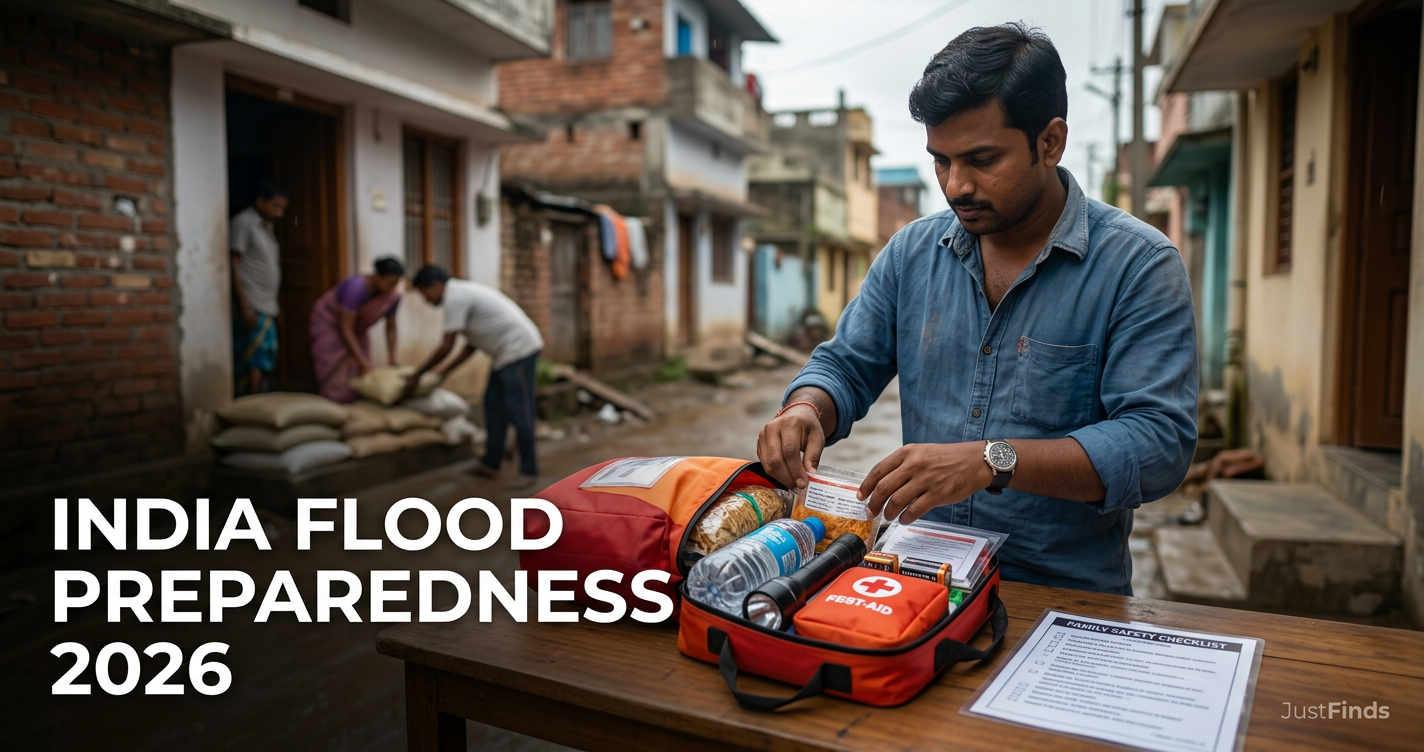 India Flood Preparedness 2026: State-Wise Alerts, Relief Helplines and a Practical Family Safety Checklist — JustFinds News cover