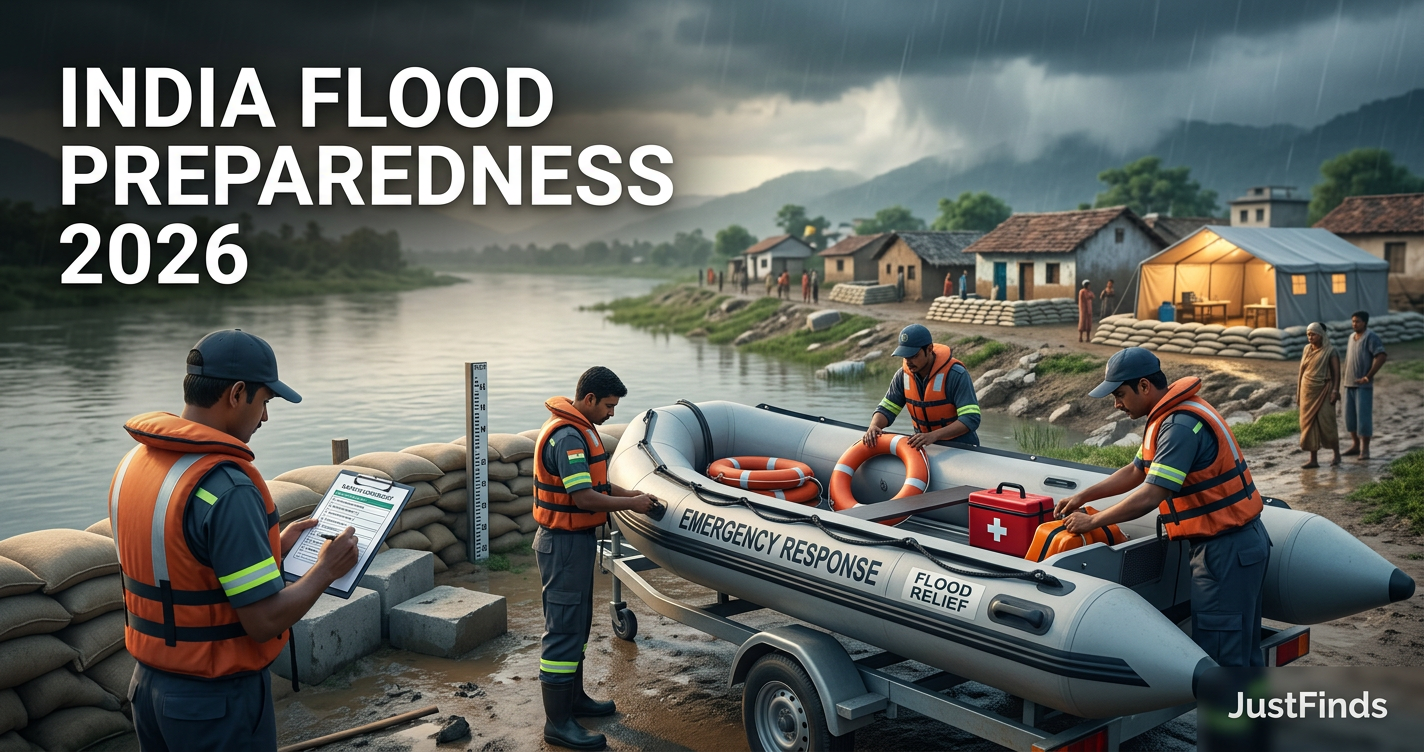 India Flood Preparedness 2026: बाढ़ से बचने का पूरा प्लान, राज्यवार अलर्ट और फैमिली सेफ्टी चेकलिस्ट — JustFinds News cover