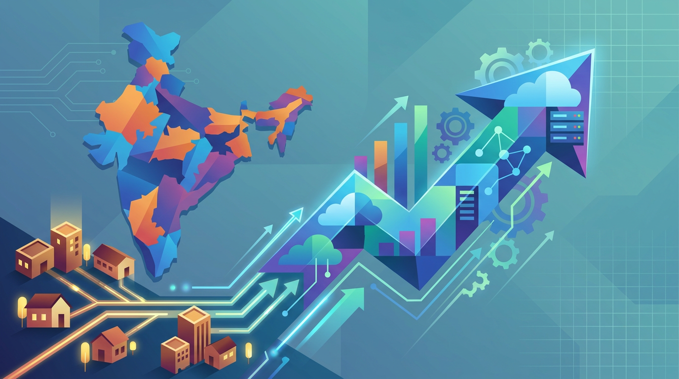 India’s Business Shift: Small Towns and Digital Giants Drive New Growth — JustFinds Business illustration